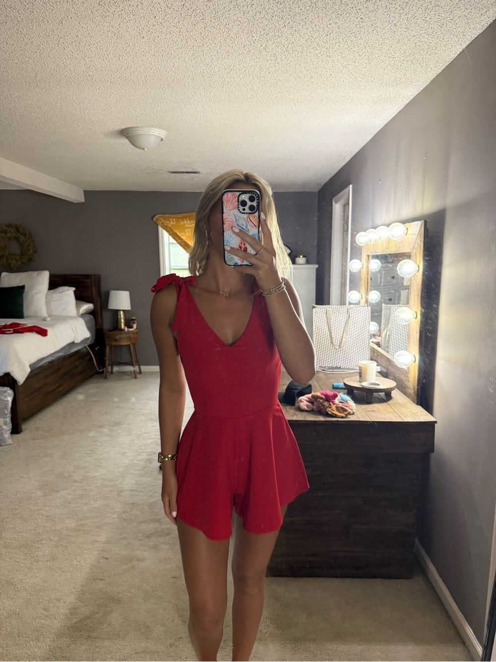 Red V-Neck Tie-Shoulder Romper